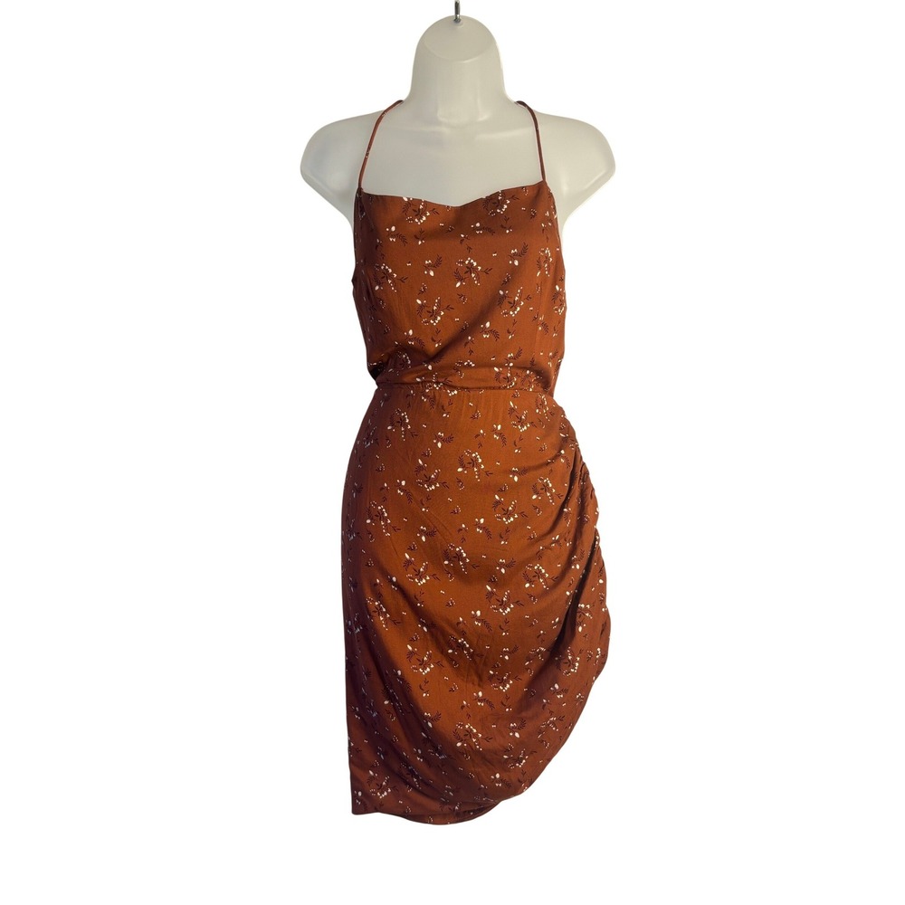 Bardot | Floral Mini Dress Rust Brown Ruched Asymmetrical Open Back | Size L